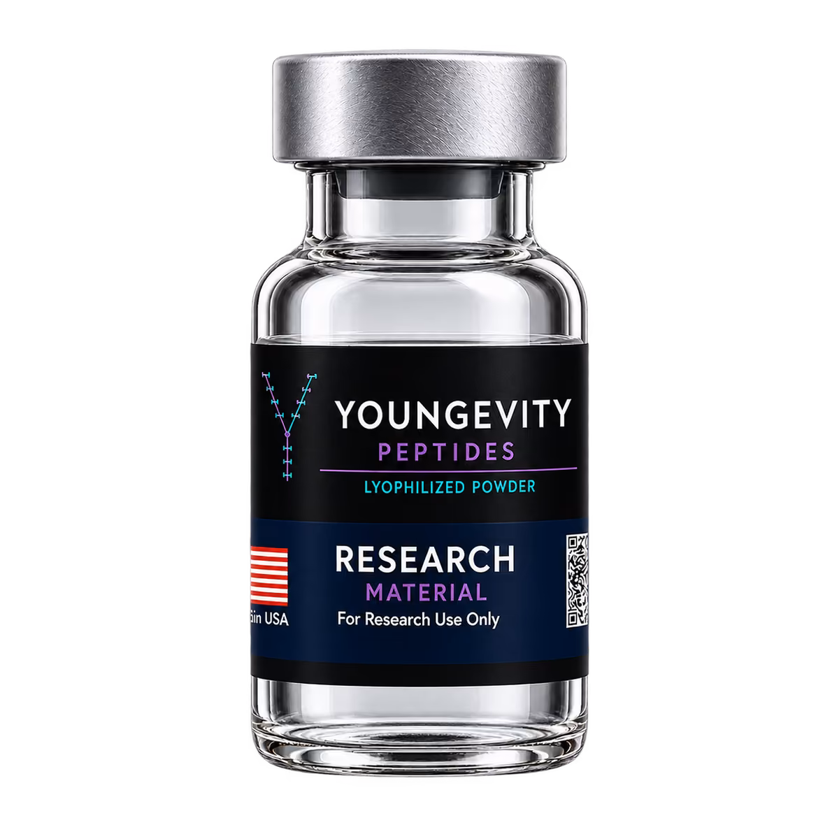 Clear glass Youngevity research vial with its black label and silver cap